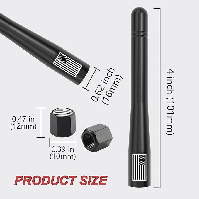 Car Truck Short Antenna 4" with Tire Valve Caps American Flag Universal Replacement for GMC Sierra Chevy Silverado Dodge Ram 1500 2500 3500 Ford F150 F250 F350 Super Duty Bronco Raptor, Black