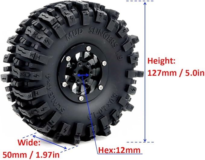HOBBYSOUL 5.0'' Tall 1.9 Mud Slingers T8 tires & 1.9 Wheels, -10.5mm Negative Offset 1.9 Beadlock wheels and tires For 1/10 Crawler SCX10 TRX4 high Trail Upgrade, HS701547