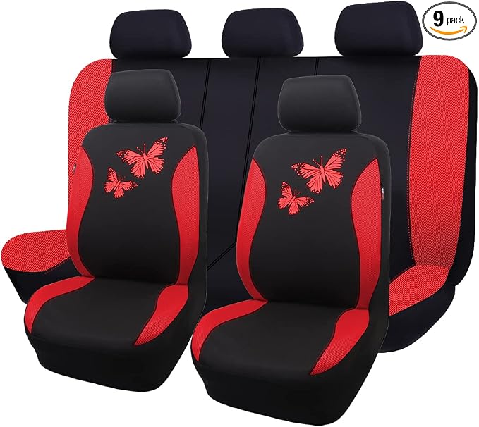 Flying Banner Butterfly car seat Covers ful Set Fashion Universal Lady Woman Female Rear Bench Split Colorized (Full Set, Red)