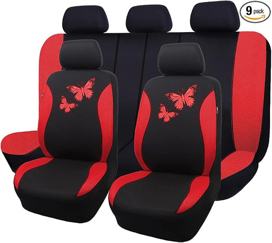 Flying Banner Butterfly car seat Covers ful Set Fashion Universal Lady Woman Female Rear Bench Split Colorized (Full Set, Red)