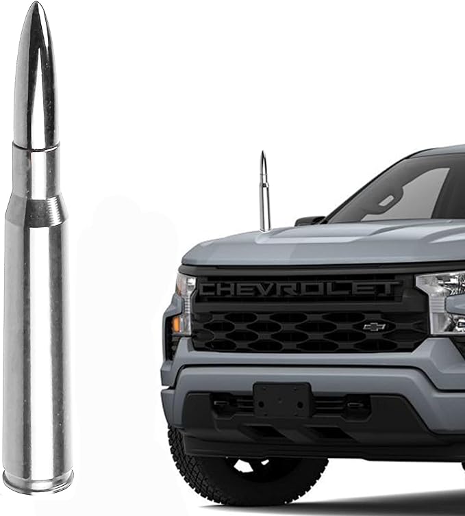 HVSTTPK Truck Car Bullet Antenna with Valve Stem Caps Mast for GM Chevy Silverado 1500 2500 3500 HD Ford F150 F250 F350 Denali Heavy Pickup Jeep Truck Accessories (Chrome)