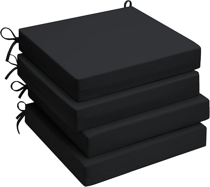 UNIKOME Outdoor Chair Cushions Pack of 4, Water Resistant Patio Cushions with Ties, High Density Sponge Filling Square Corner Seat Cushions for Outdoor Furniture, 18.5"x16"x3", Black