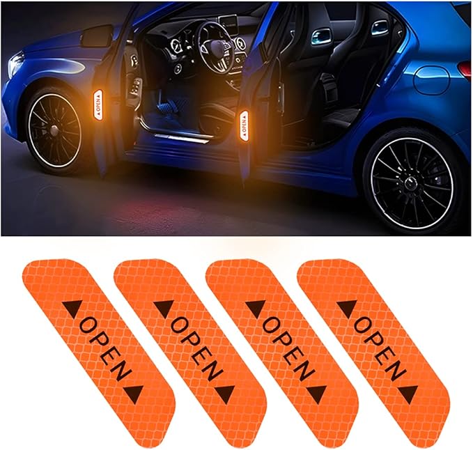 4PCS Reflective Open Warning Stickers for Car Door, Night Visibility Auto Safety Prompt Decals, 3.6 Inch Anti-Collision Protective Strip Tape, Car Accessories Universal for Truck, SUV, Van (Orange)