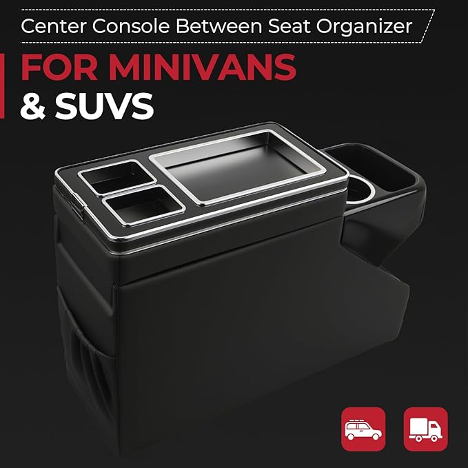 Center Console Between Seat Organizer for Minivans & SUVs - Storage Box with Cup Holders