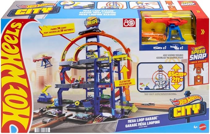 Hot Wheels Toy Car Track Set with Die-Cast Car & Helicopter, 2 Loops, Storage for 36 1:64 Scale Vehicles, Speed Snap Adapters, Mega Loop Garage