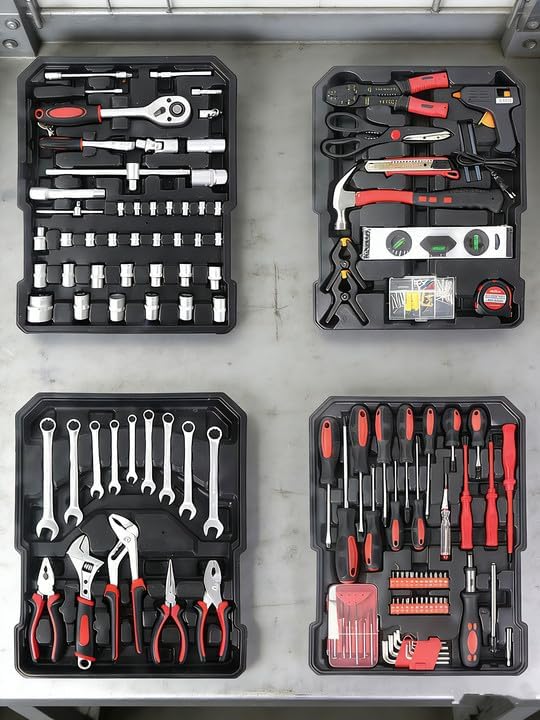 Arcwares 799pcs Aluminum Trolley Case Tool Set Silver, House Repair Kit Set, Household Hand Tool Set, with Tool Belt,Gift on Father's Day (Black)