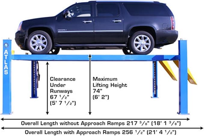 ATLAS Automotive Equipment 414 Commercial Grade 4-Post Vehicle Lift, 10’ Minimum Height, 14,000lb Capacity, Extra Tall/Wide/Long, Diamond Plated Runways, Air Operated Single Point Lock Release, 220V