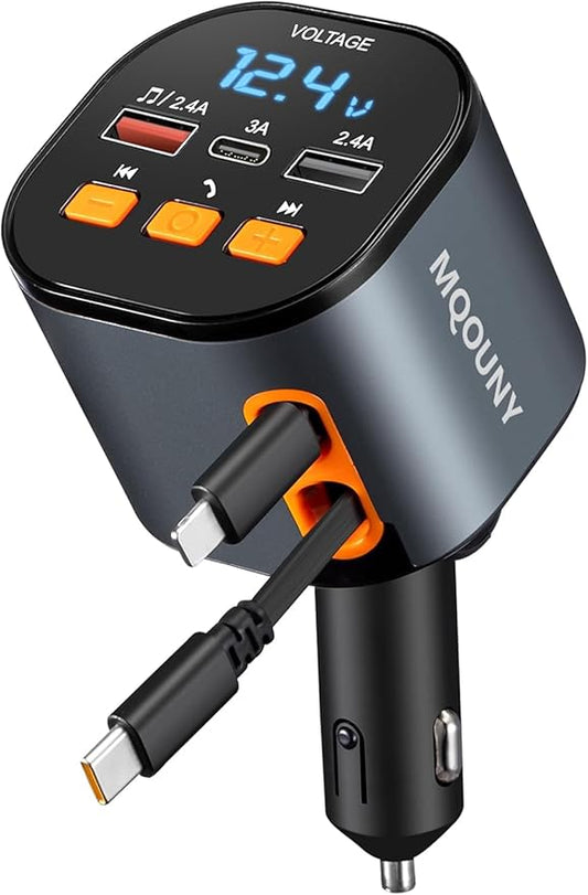 Retractable Car Charger,5 in 1 Fast Cars Phone Charger 90W,Bluetooth 5.3 FM Transmitter Adapter,Handsfree Call,2 Retractable Cables and USB Chargers for iPhone17/16 15/14/13