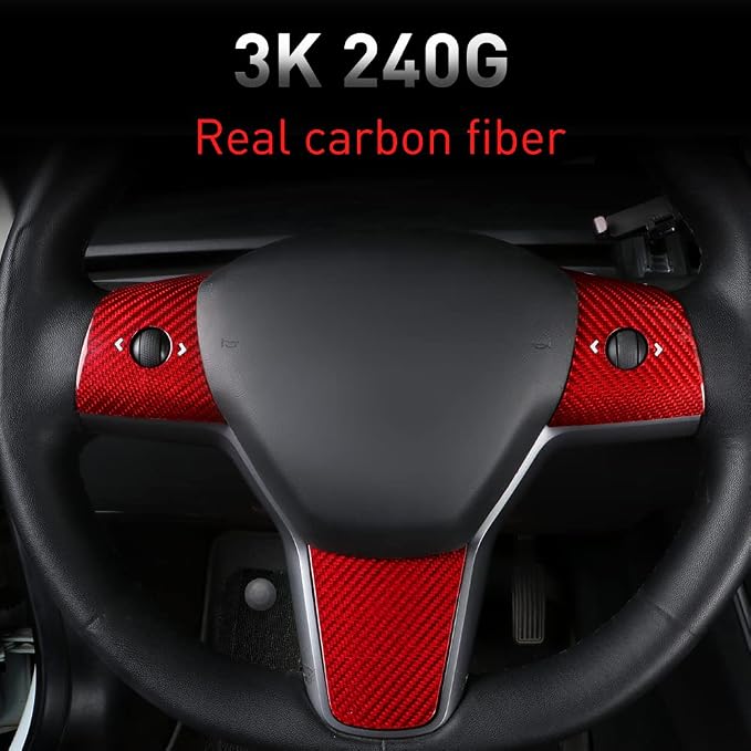JSWAN Real Carbon Fiber Steering Wheel Panel Cover for Tesla Model 3 2017 to 2023 Model Y 2020 to 2024 Steering Wheel Button Frame Cover Accessories (Red Cover)