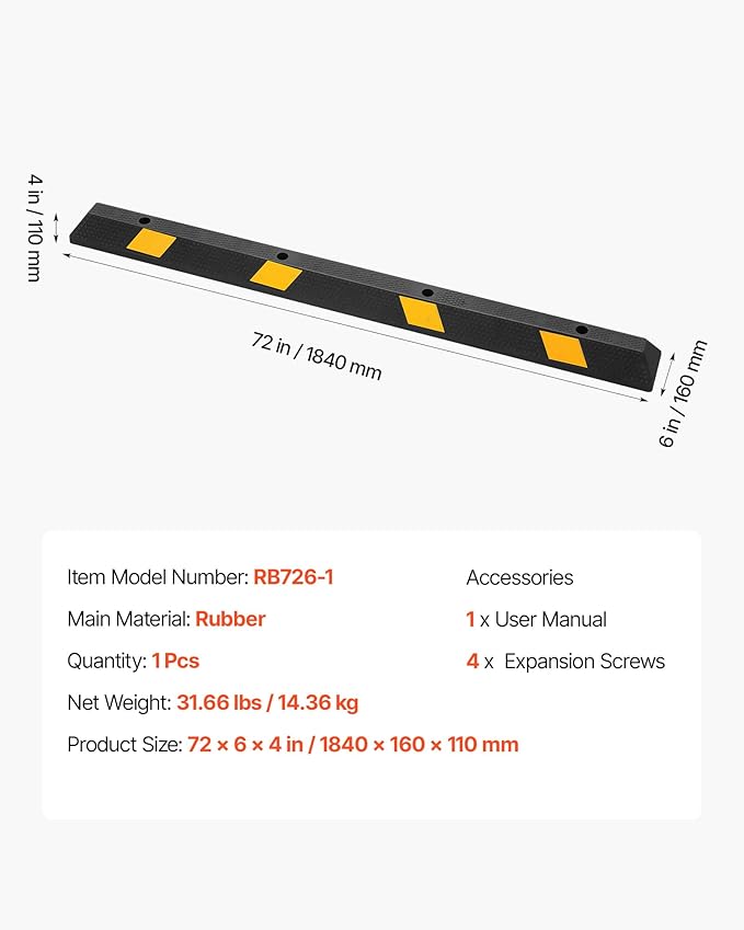 VEVOR Parking Stopper, 72 Inch Heavy Duty Parking Aid for Garage, Rubber Curb Garage Floor Stopper with Reflective Strips, Vehicles Gadgets for Cars Vans Trucks Tire Wheel Guide Block Stops Bumpers