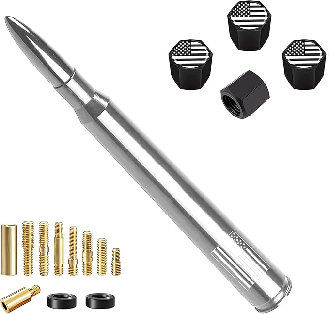 Truck Bullet Antenna with Valve Stem Caps for GM Chevy Silverado 1500 2500 3500 HD Avalanche Ford F Series F150 F250 GMC Sierra 1500 2500 3500 Denali Heavy Truck Accessories (Chrome)- 7inch