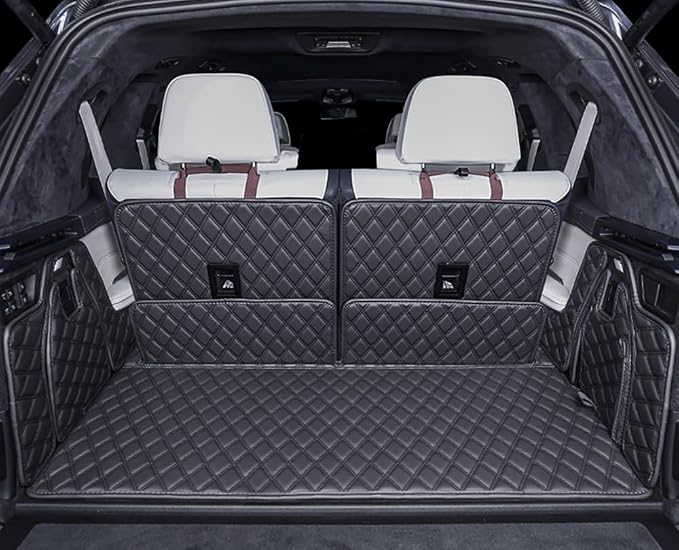 for BMW X7 X7 2+2+2 Seater Trunk Mat Cargo Cover Dog Liner Boot Liner Full Coverage Leather 3D Laser Measured (Trunk Mat+3rd Row Backrest Mat+Both Sides Panel) (Black with Black Stitching
