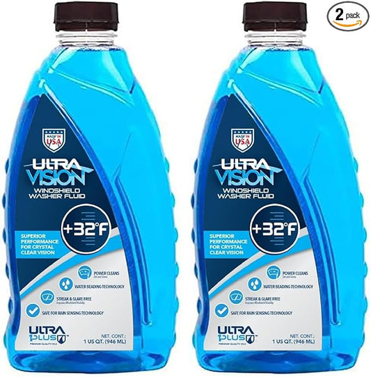 UltraVision Windshield Washer Fluid - Advanced Formula for Car Windshield Wiper Fluid Crystal-Clear Vision in Weather Conditions +32F - All Weather - Bug Remover - 1 US Quart (Pack of 2)