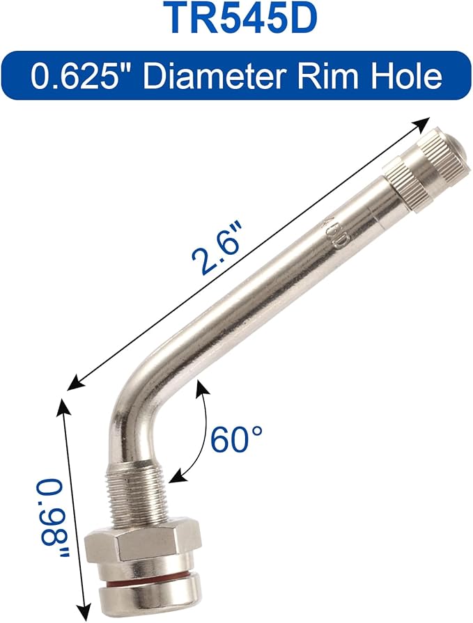 10 Piece TR545D 60 Degree Valve Stems for Commercial Vehicles. Fits 0.382"+0.0118" Valve Hole Dia, Length 3.78'', Nickel-Plated Brass, Silver