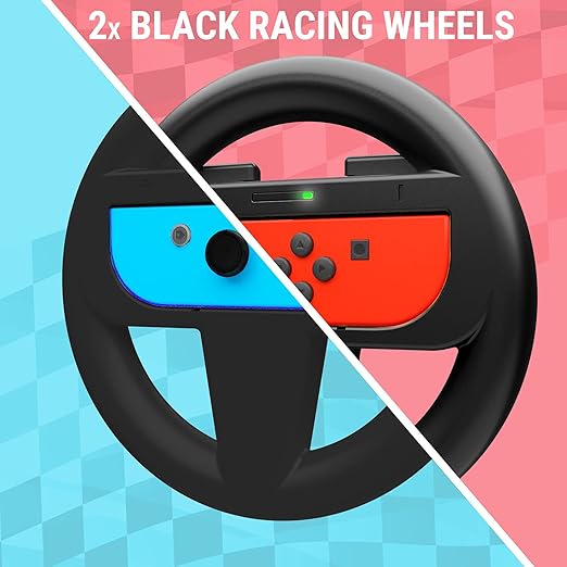 Orzly Steering Wheels for Nintendo Switch & OLED Console JoyCons, Racing Wheels for Mario Kart 8 Deluxe [Mariokart Switch Steering Wheel Joycon Controller Attachment Accessories]-TWIN PACK [2X Black]
