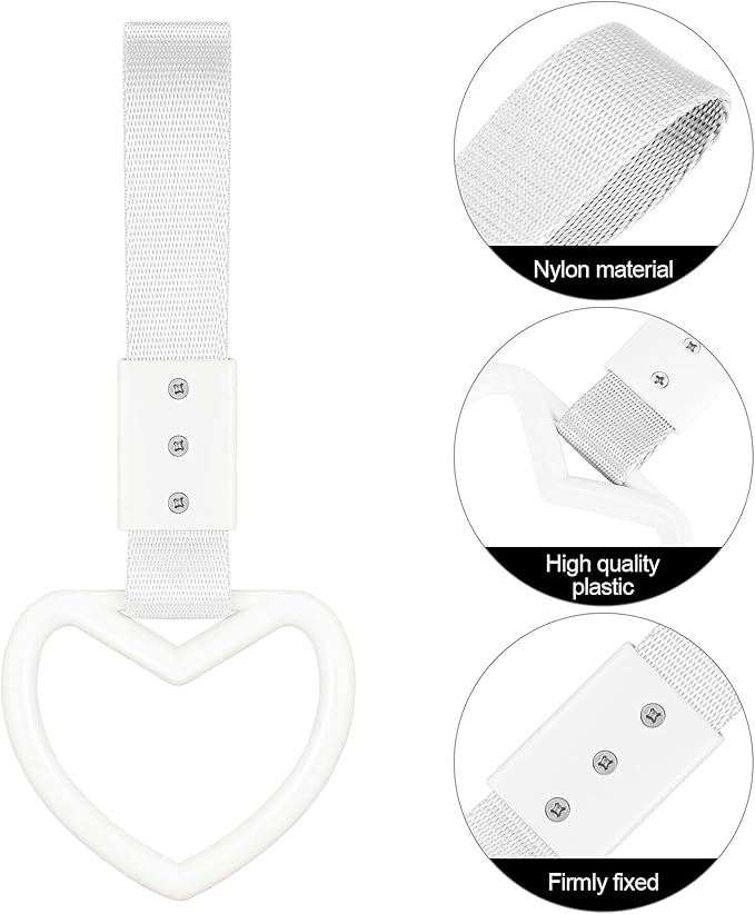 2 Pieces Rings Heart Shaped Car Handle Straps Drift Charm Rear Bumper Warning Ring Decor Subway Bus Broken Heart Handle for Car Interior(White with Silver Rope)