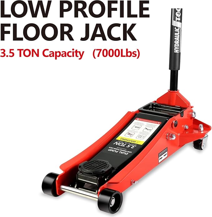 3.5 Ton Low Profile Floor Jack, Heavy Duty Floor Jack with Dual Pistons Quick Lift Pump, Steel Car Jacks Adjustable Height 4"-21", Hydraulic Trolley Floor Jacks 3.5 Ton/7000 LBS Capacity, Red