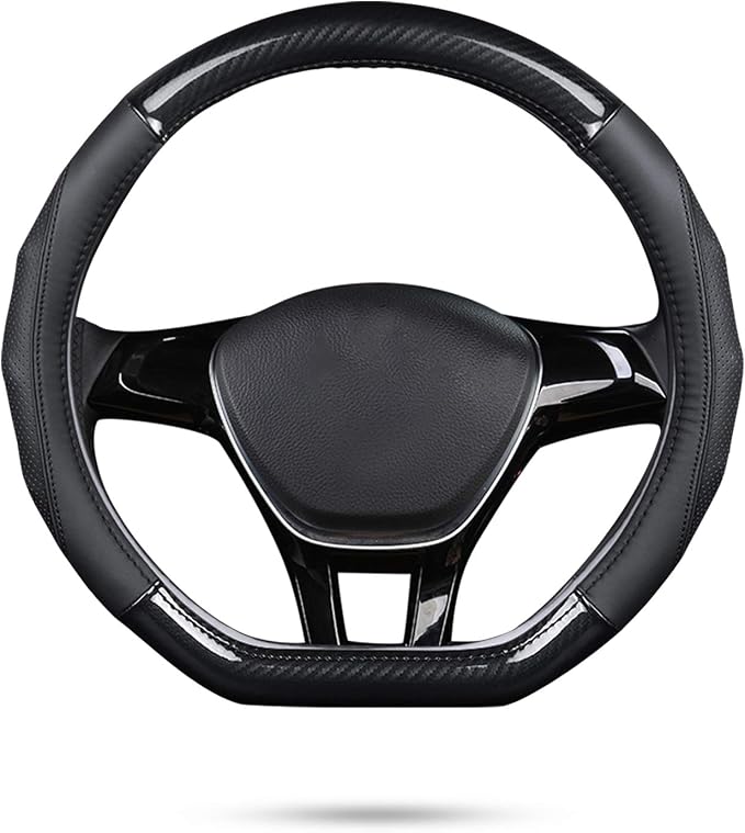 Ergocar Car Steering Wheel Cover Non-Slip Car Steering Wheel Protector Sport D-Shape Carbon Fiber & First Layer Cowhide Universal for Diameter 38cm(15") (D-Black)
