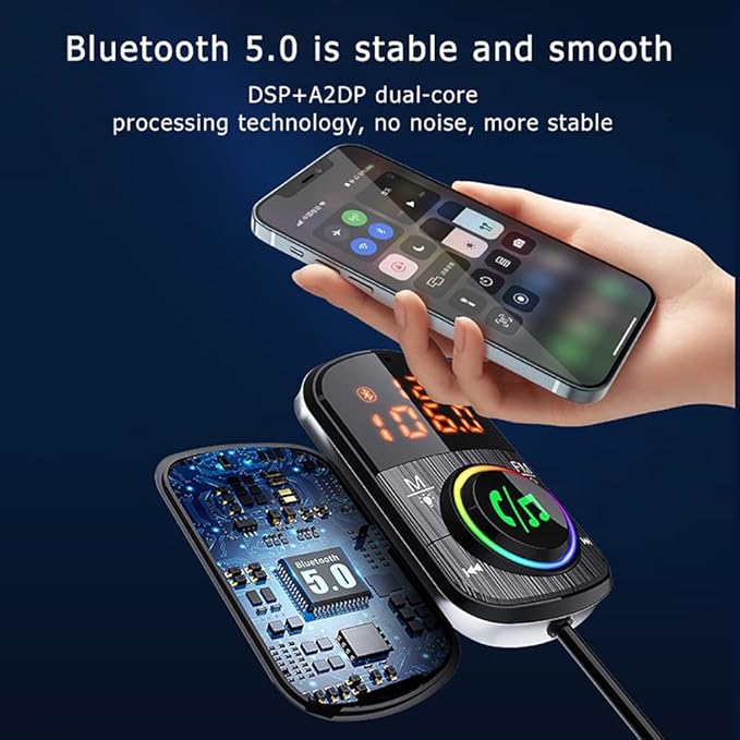 Bluetooth FM Transmitter for Car, Bluetooth para Carro/Audio Adapter with Dual Car Charger, Support Dual Display Digital Colorful Lights TF Card