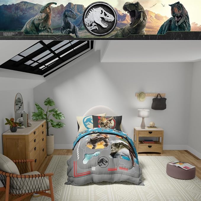 Jurassic World Rebirth Kids Bedding Super Soft Cozy Microfiber Comforter and Sheet Set, 4 Piece Twin Size, (Officially Licensed Product) by Franco