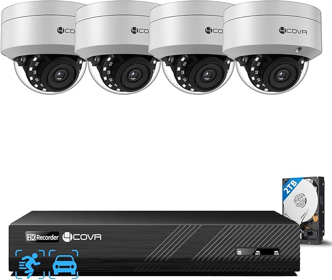 4COVR 12MP Security Camera System, 4Pcs 12MP IK10 Vandal-Proof Dome PoE IP Camera with Mic, AI Human Vehicle Detection, 8CH H.265 NVR with 2TB HDD, IP67 Home Weatherproof Outdoor, LY54AXAM0804