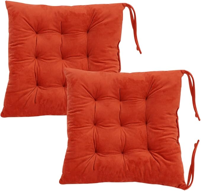2 Pack Square Seat Cushion Chair Pads for Kitchen Dining Chairs, Soft Comfort Velvet Chair Mat Pillow Cushions with Ties for Office Desk Living Room Tatami 15.5", Orange