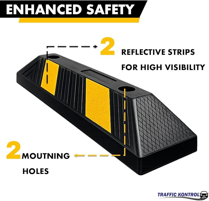 Parking Stopper Block for Garage or Parking lot – 20” Long 50 Pcs Bulk Wholesale Pack Reflective Heavy Duty Rubber Bumper Block Car Wheel Stop, Yellow & Black Tire Curb Barrier