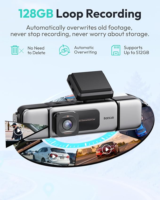 BOTSLAB 3K 4 Channel Dash Cam, 360° All-Sides View, Front and Rear Inside Car Camera with 3.18”Touch Screen, Dash Camera 24/7 Parking Mode, Built-in GPS 5.8GHz WiFi Voice Control, Free 128GB Card