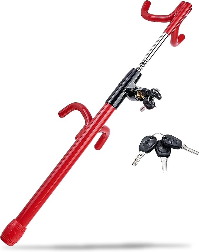 Dodomes Steering Wheel Lock Anti-Theft Heavy Duty Secure Car Device, Adjustable Length Clamp Double Hook Locks Universal Fit Red
