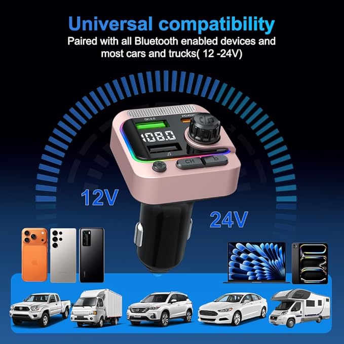 FM Transmitter Bluetooth Car Adapter - 63W Wireless Radio FM Bluetooth Transmitter with Deep Bass Player for Old Cars [PD 45W & QC3.0], Car Charger USB C Fast Charge, Hands-Free Calling, Pink