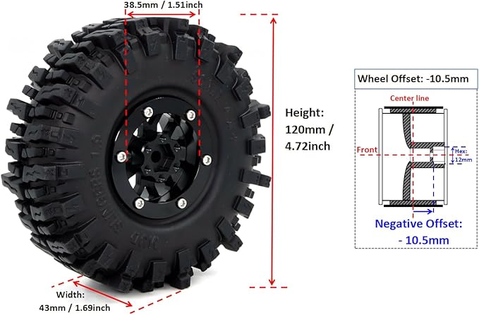 HOBBYSOUL 1.9 Beadlock Wheels and Tires 120mm Tall, 1.9'' Mud Slingers T8 Tires and Wheels Rims -10.5mm Negative Offset for 1/10 RC Crawler SCX10 TRX4 Gen8 Upgrades, (4-Pack, HS701501)