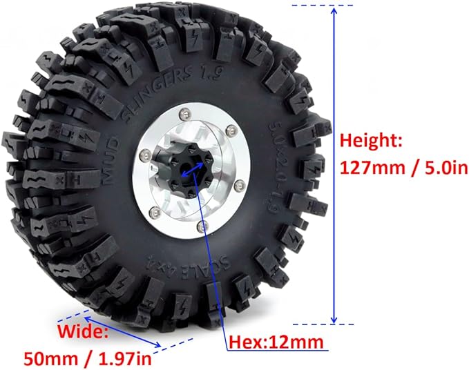 HOBBYSOUL 5.0'' Tall 1.9 Mud Slingers T8 tires & -10.5mm Negative Offset 1.9 Beadlock wheels rims For 1/10 Crawler SCX10 TRX4 high Trail Upgrades, HS701548