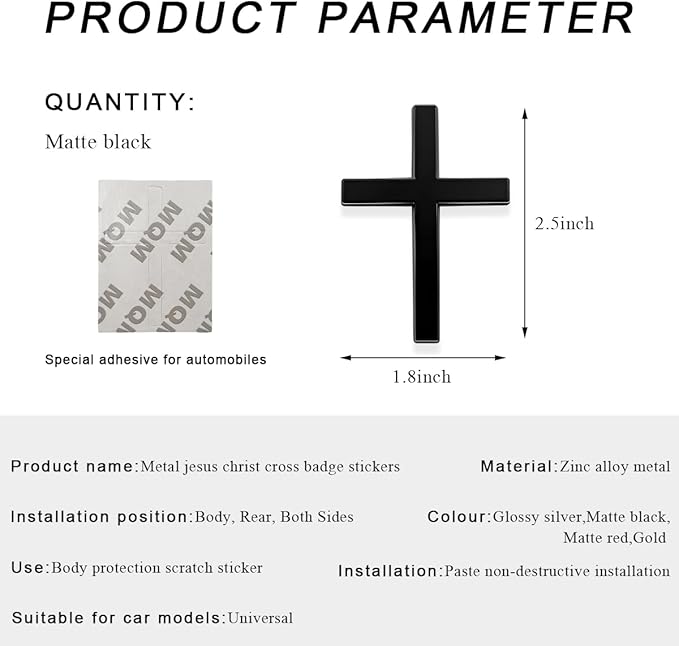 DXNQ Metal Jesus Christ Cross Badge Stickers, 2.5"×1.8" Alloy 3D Individual Car Cross Sticker, Self Adhesive Scratch Covering Cross Emblem Decal for Car Body Fender Tail (Black)