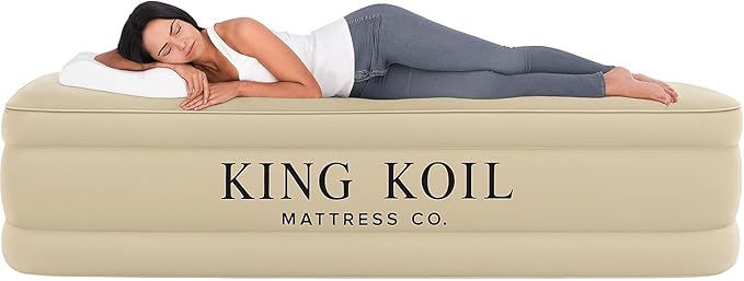 King Koil Plush Pillow Top Twin Air Mattress with Built-in High-Speed Pump for Camping, Home & Guests - 20” Twin Size Airbed Luxury Inflatable Blow Up Mattress, Waterproof, 1-Year Warranty