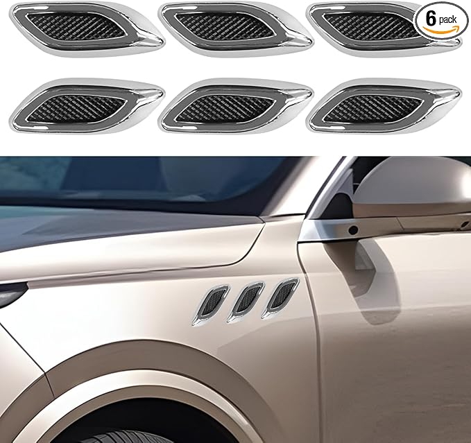 6PCS Car Exterior Hood Side Door Air Vent Cover, Glossy Auto Fenders Trim Intake Grille Decorative Sticker, ABS Hood Spoiler Bumper Side Vent Decal Decoration for Most Cars (Silver)