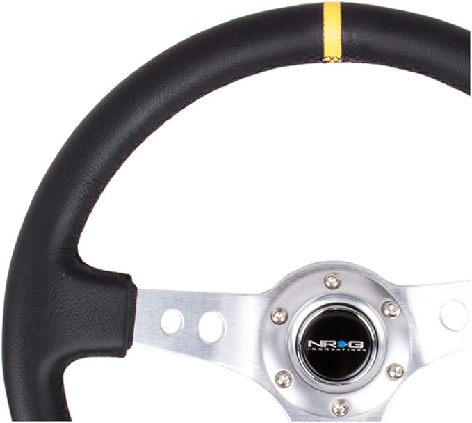 NRG Innovations NRG-RST-006SL Reinforced Steering Wheel 350mm Sport Steering Wheel (3" Deep), Silver Spoke with Round Holes, Black Leather