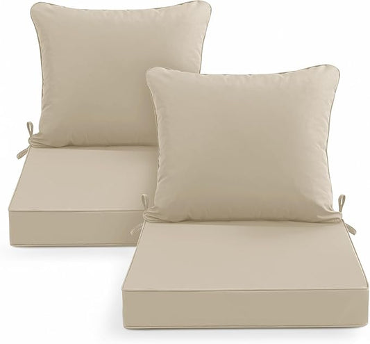 Summsun Outdoor Chair Cushions Set of 2, Waterproof Backrest and Deep Seat Cushion Set for Patio Furniture, Outdoor Sofa Replacement Cushions with Removable Cover, 24 x 24 Inch, Cream