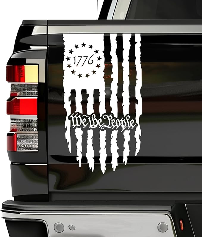 GRITKULTURE We The People Distressed American Flag Decal Vinyl for Trucks, Cars, Tailgate, Windows Preamble of The US Constitution fits Most Pickup Trucks-Rear USA Flag Car Sticker (White)