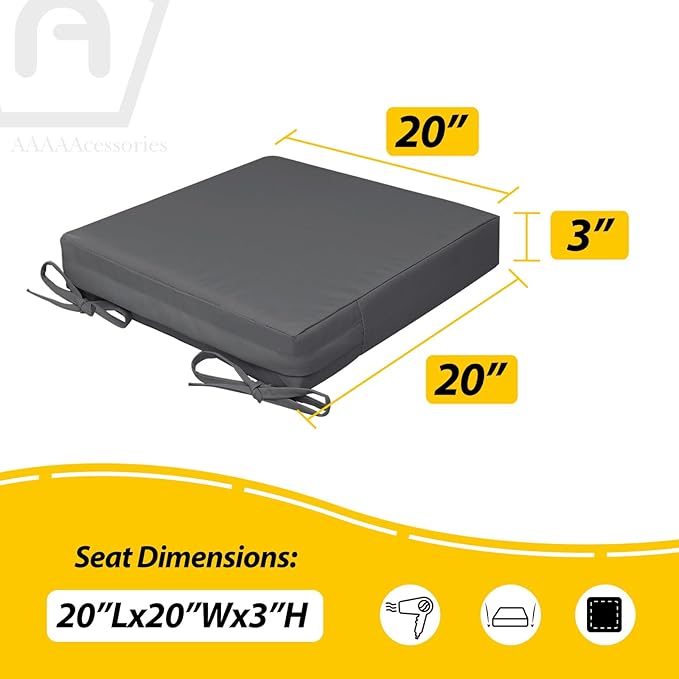AAAAAcessories Outdoor Seat Cushions for Chairs, Waterproof, Fade-Resistant, 20" x 20" x 3", Patio Furniture Replacement Cushions, Set of 2, Dark Gray