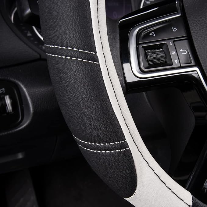 CAR PASS Line Rider Microfiber Leather Sporty Steering Wheel Cover Universal Fits for 95% Truck,SUV,Cars,14.5-15inch Anti-Slip Safety Comfortable Desgin (Black-White)
