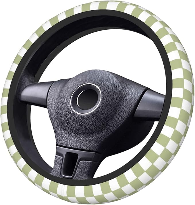 Green White Checkered Car Steering Wheel Cover