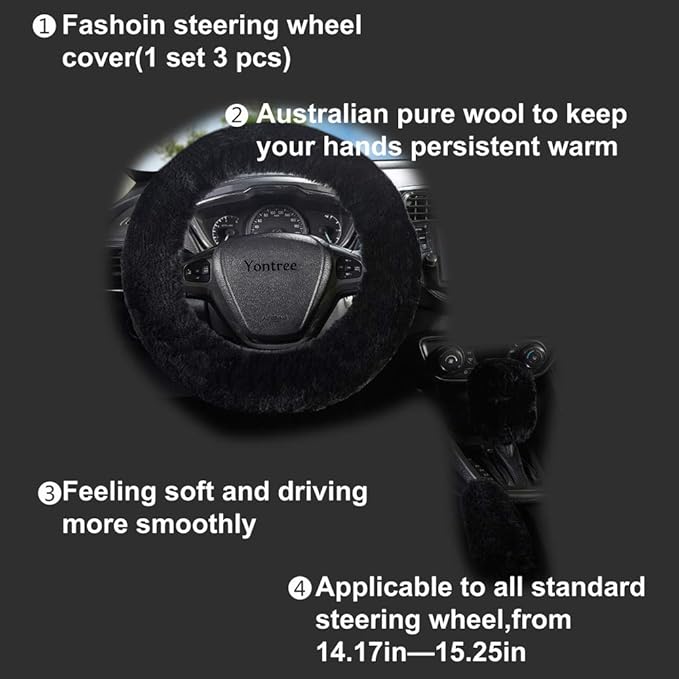 Yontree Fashion Fluffy Steering Wheel Covers for Women/Girls/Ladies Australia Pure Wool 15 Inch 1 Set 3 Pcs (Black)