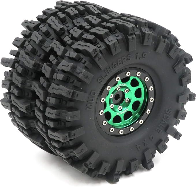 HOBBYSOUL RC 1.9 Mud Slingers Tires Soft Sticky Tyre 120mm & 1.9 Beadlock Wheel Green Black For 1/10 Rock Crawler Axial SCX10 Capra Traxxas TRX4 Redcat Gen8, (4-Pack)