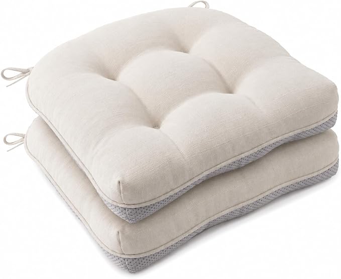 Battilo Chair Cushions Set of 2 for Dining Chairs, Seat Cushions for Kitchen Chairs with Non-Slip Backing, Indoor/Outdoor Waterproof Chair Seat Pads with Ties, 15.5"x15.5"x4", Beige