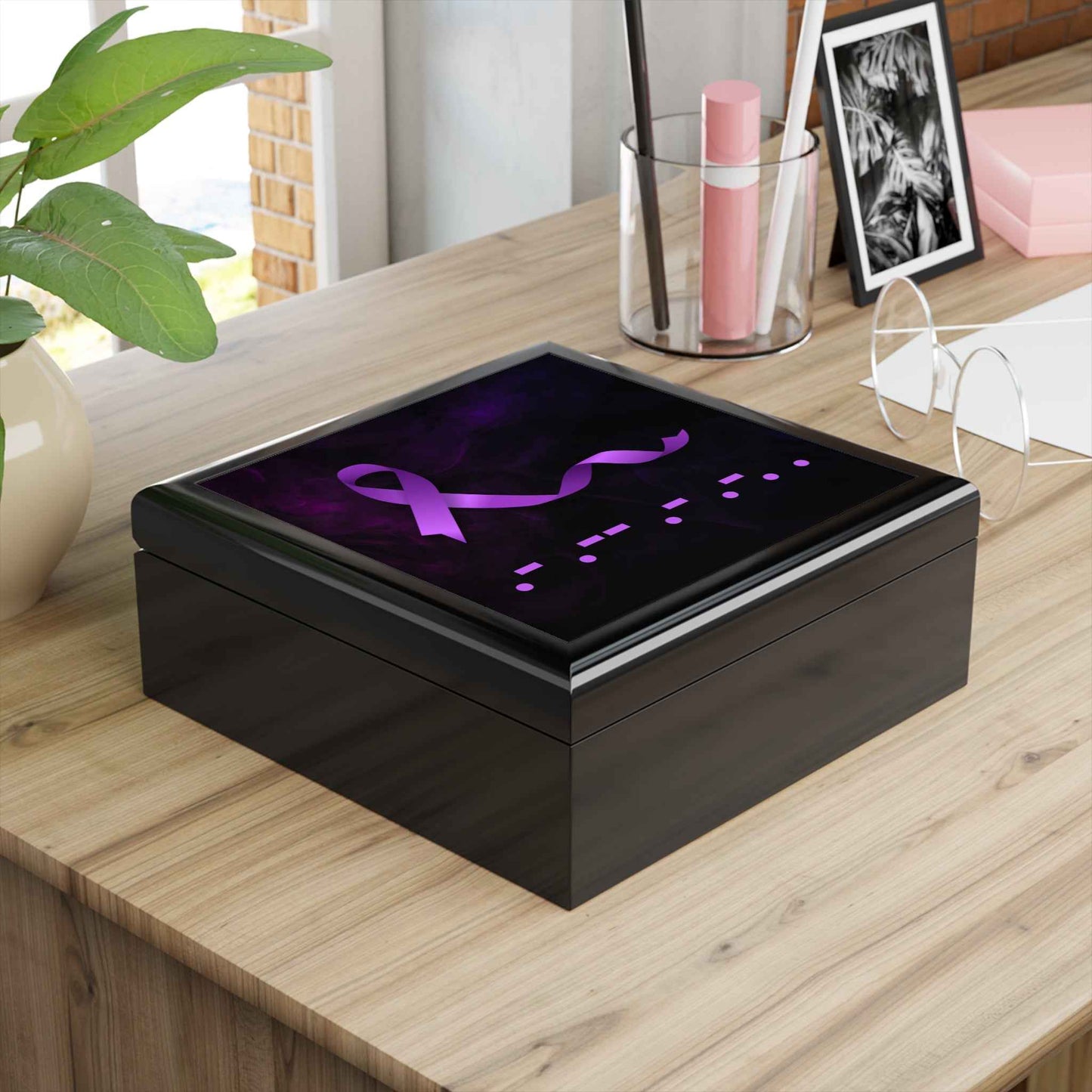 Purple Ribbon “AWARE” Morse Code Keepsake Box – Epilepsy Awareness