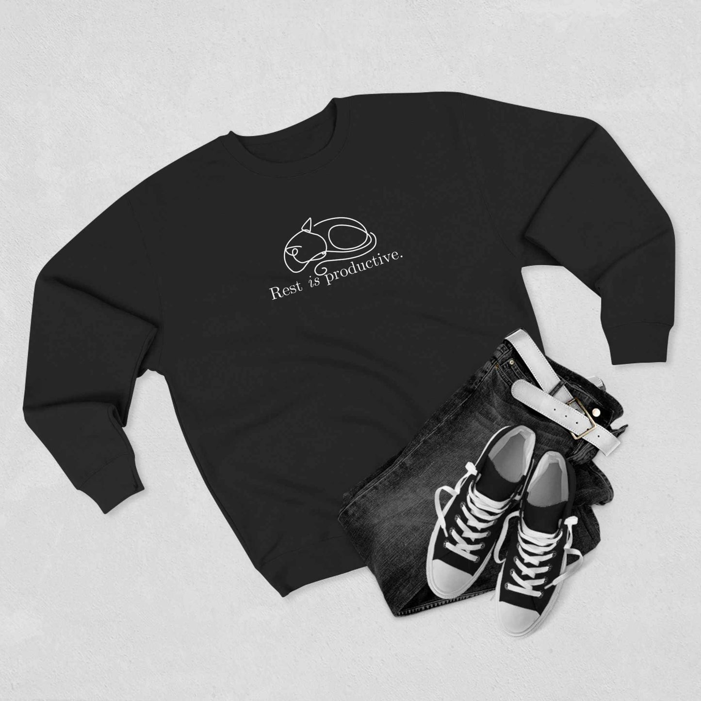 “Rest Is Productive” Minimalist Cat Sweatshirt – Comfort Fleece Pullover