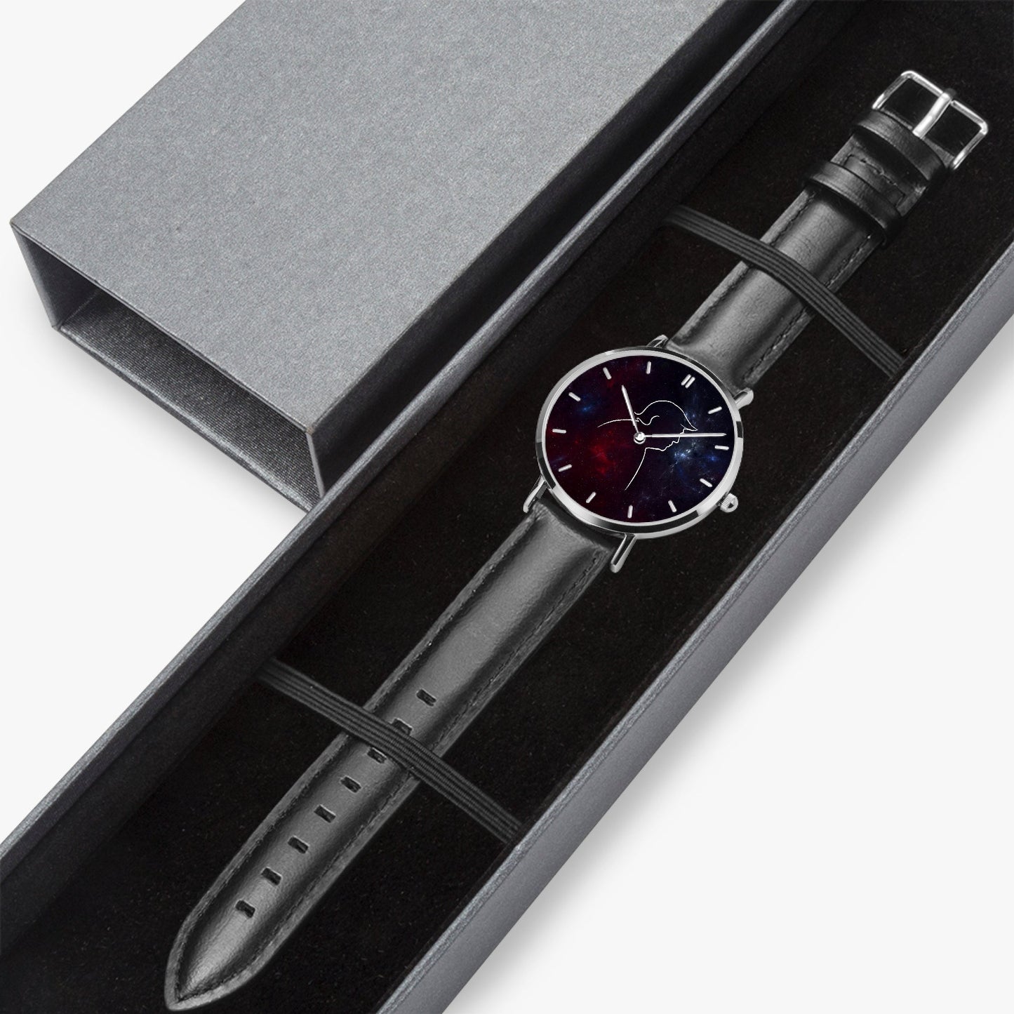Cosmic Profile Watch – Galaxy Line Art Unisex Leather Band Timepiece