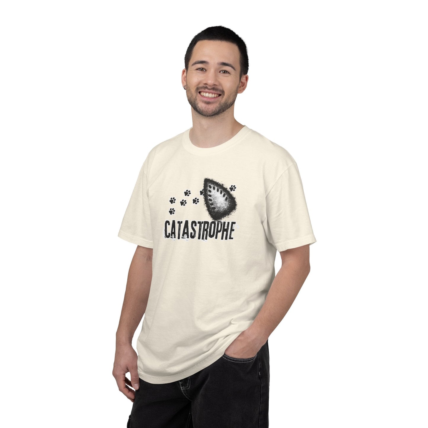 Catastrophe Iron Burn Graphic T-Shirt | Funny Cat Pun Shirt | Distressed Grunge Cat Tee