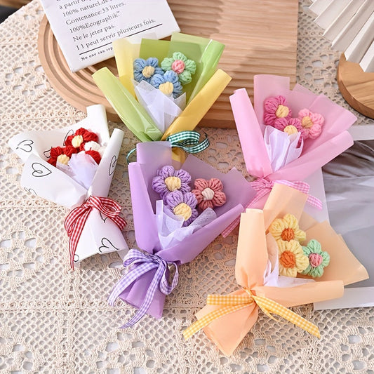 1pc Charming Mini Knitted Flower Bouquet with Heart-Patterned Tissue Paper - Ideal for Valentine's, Mother's Day & Anniversaries | Colorful Home Decor Accent, Bouquet Accessories