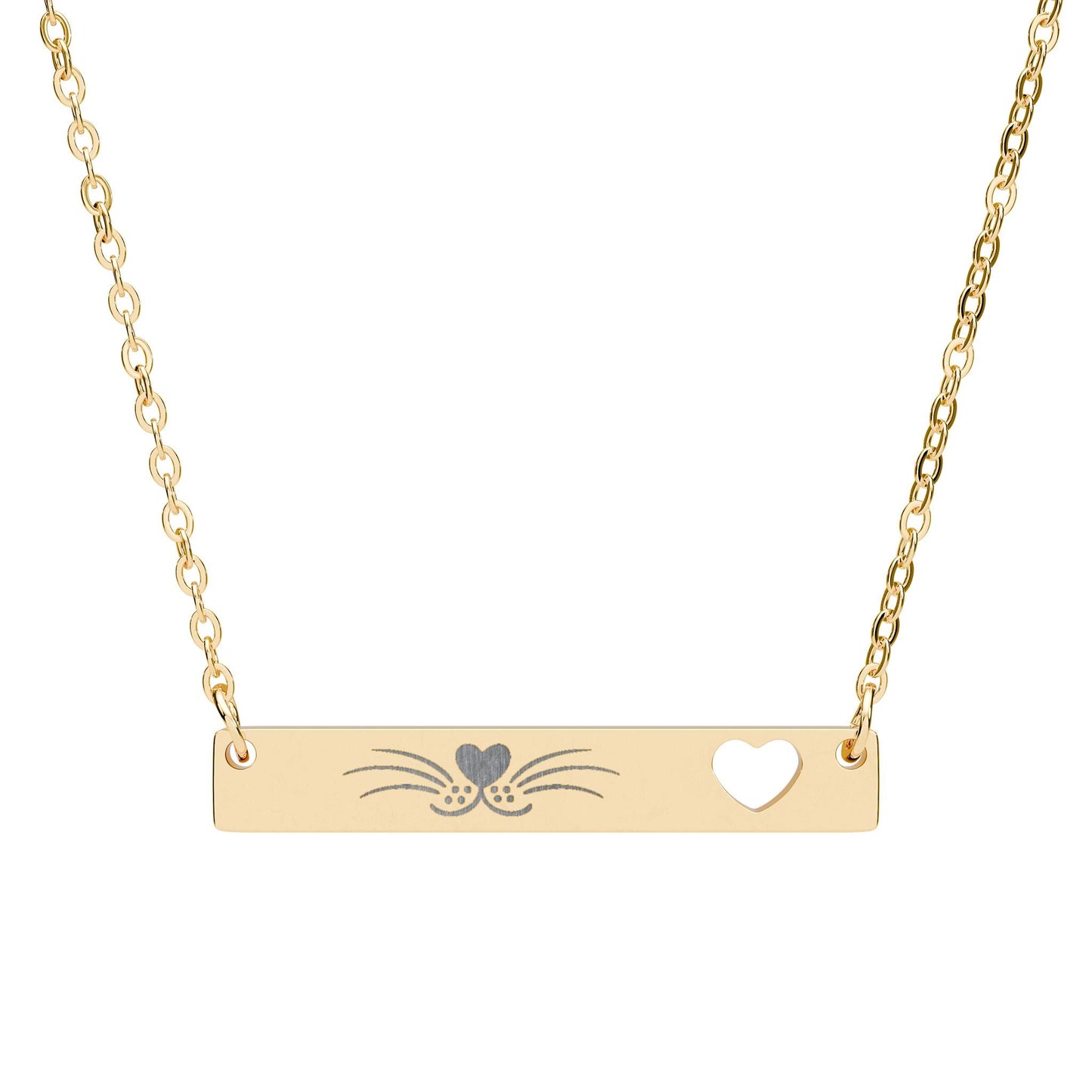 Minimalist Cat Whisker Bar Necklace — Engraved Pendant with Heart Cutout